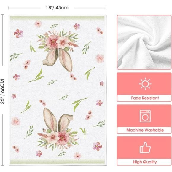 Green Bunny Rabbit Ears Floral Leaves Easter Kitchen Towels Dish - Picture 5 of 5